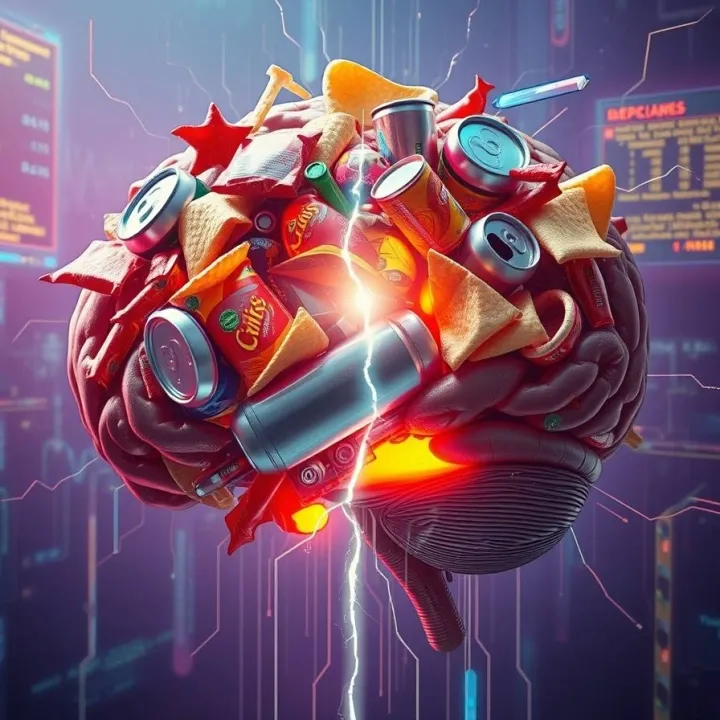 Human brain formed from junk food and data streams symbolizing cognitive overload and intellectual obesity in the digital age.