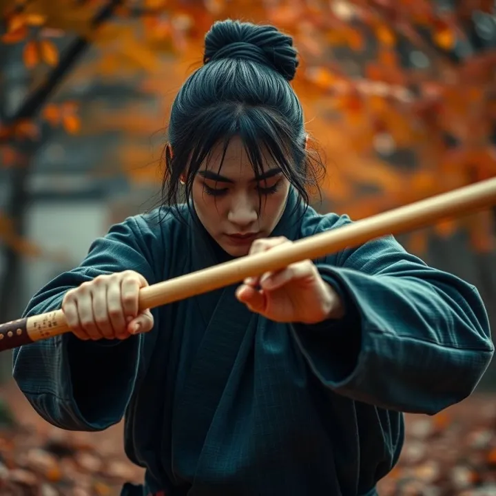 Warm autumn colors, tight close-up shot, Kendo discipline, bamboo swords, breath, focus, movement, mind cultivation, bright neons, photorealistic, flowing energetic movement, detailed focus