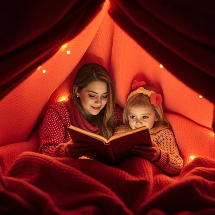 mother and daughter reading a book together inside a blanket fort