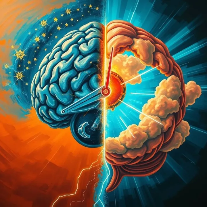 Bold acrylic painting, warm terracotta and cool teal, surreal high-contrast conceptual artwork of a human brain as a glowing clock, split between night and day, one half surrounded by dark night