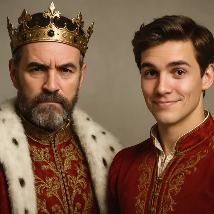 A photorealistic image of two white men side by side in royal attire. The older man on the left has a serious expression, a beard, and wears a golden crown and regal red robe with fur trim, portraying a mature king. The younger man on the right is cl