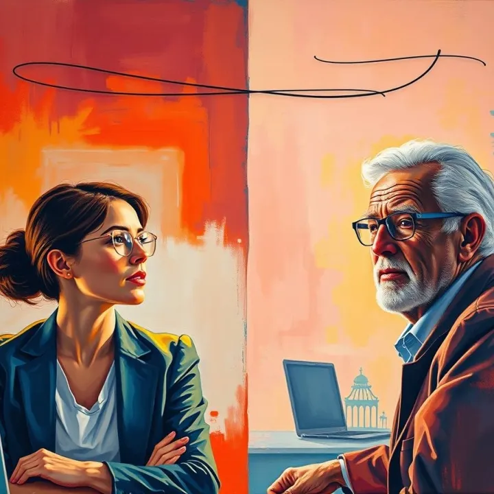 Illustration of younger and older professionals in a shared workplace, connected by abstract neural lines symbolizing leadership effects across age groups