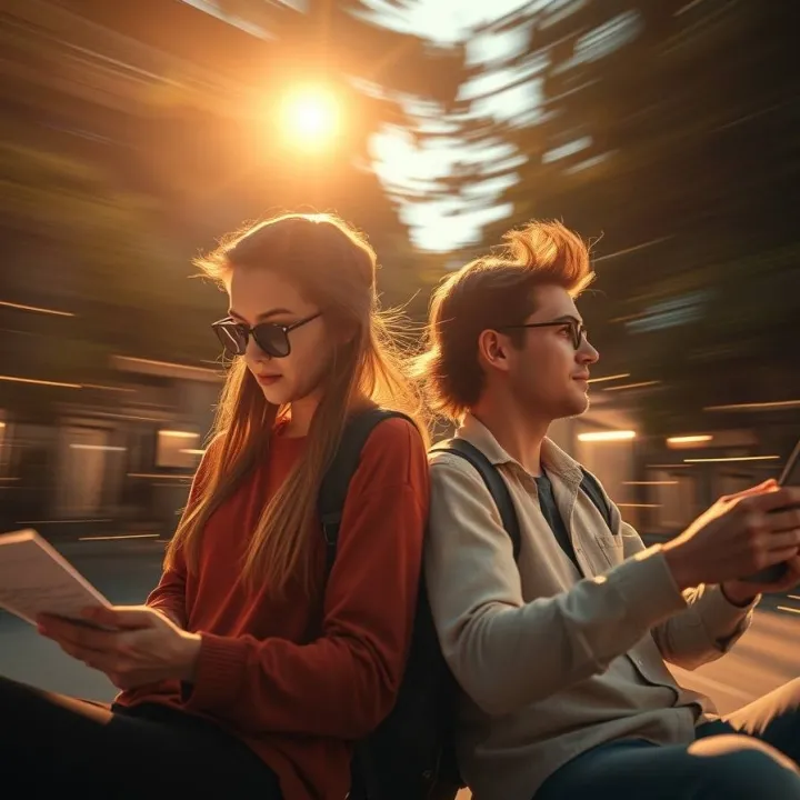 Two students learning side by side, one reading the book, the other watching an AI summaries