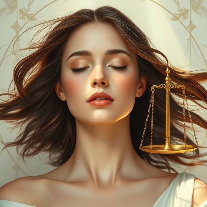 Libra zodiak sign astrology. luminous woman symbolizing Libra, serene and poised soft radiant light from both sides casts perfect