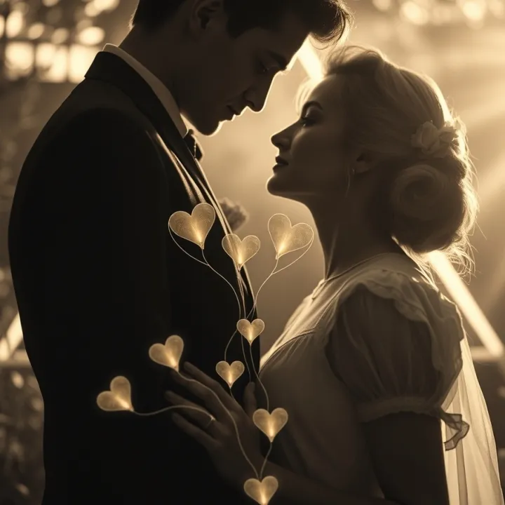 Classic black and white, surreal romantic scene, man and woman linked by glowing heart threads, triangle of light behind, ethereal atmosphere, soft golden tones