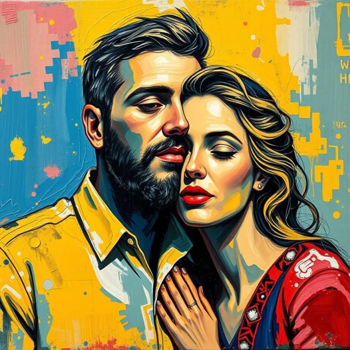 Bold acrylic painting of an abstract painting with a vintage aesthetic, showcasing trust between a man and woman with vibrant colors and textured brushstrokes