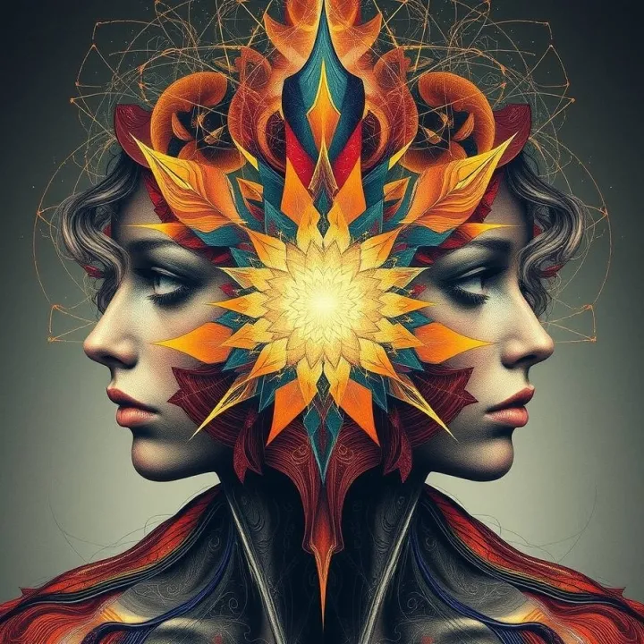 Surreal illustration of two mirrored faces with a radiant geometric flower between them, symbolizing dual perception and visionary states under LSD.