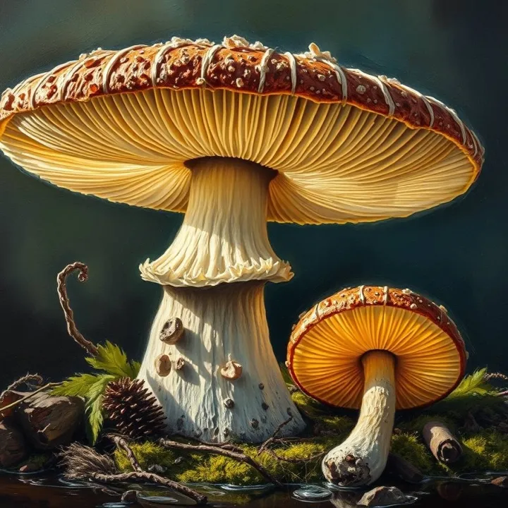 A magic mushroom in a classic oil painting style, showcasing rich textures and visible brushstrokes, Intense, dramatic lighting with high contrast.