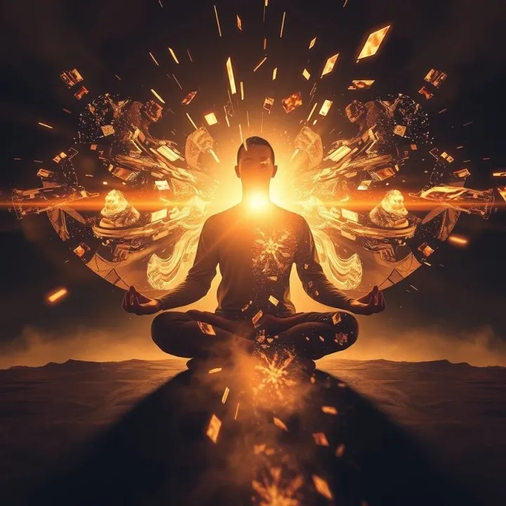 Meditator dissolving into fragments of light and shadow, symbolizing balance between enlightenment and psychological destabilization.