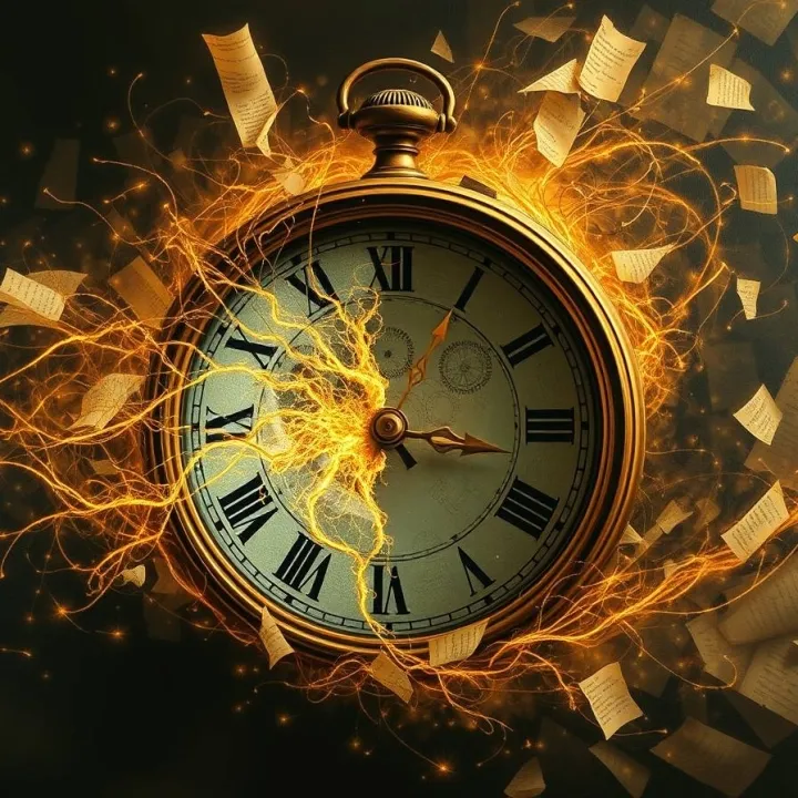 Antique clock half-merged with a glowing neural pattern made of golden threads of light, fragments of faded manuscripts swirling around it.