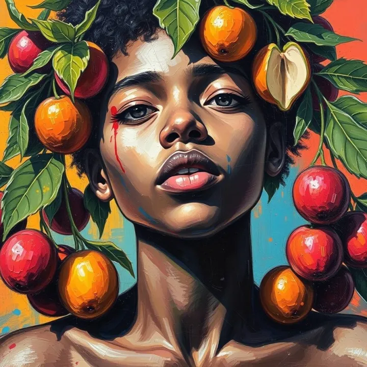 A bold acrylic painting with bright lens flare, showing a person with fruits growing around their head, characterized by vibrant colors, textured brushstrokes, and light streaks