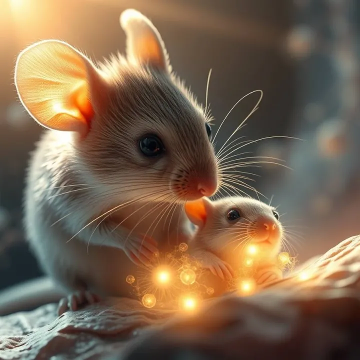 Mother mouse nursing glowing offspring with neural patterns in background, symbolizing diet-linked brain development and early vulnerability.