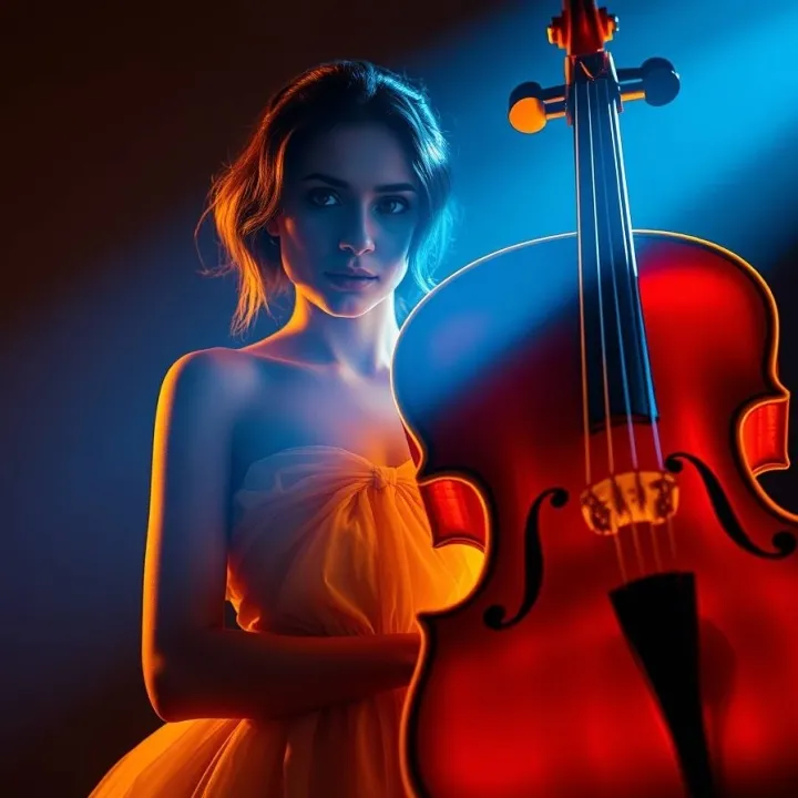 Woman beside a large glowing violin, intense dramatic lighting, surreal, cinematic, soft golden and blue tones, elegant realism, high contrast. Brain connections, neuroscience