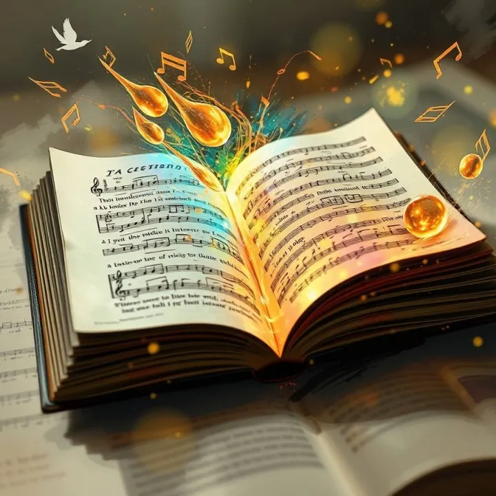 Book transforming into musical notes and neural pathways, symbolizing mind-dependent nature of artistic works.