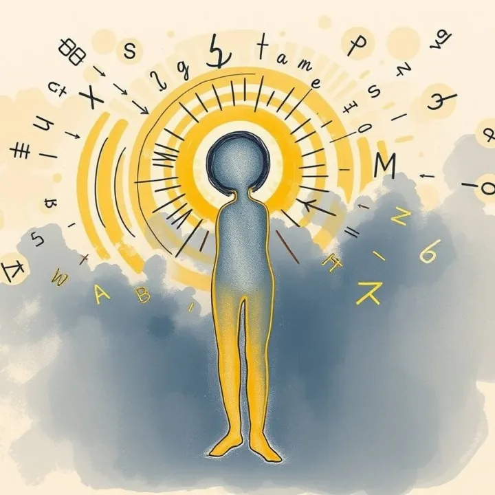 Luminous human silhouette dissolving into golden sound waves and symbolic letters, numbers radiating through deep indigo space, names, numerology, science of names