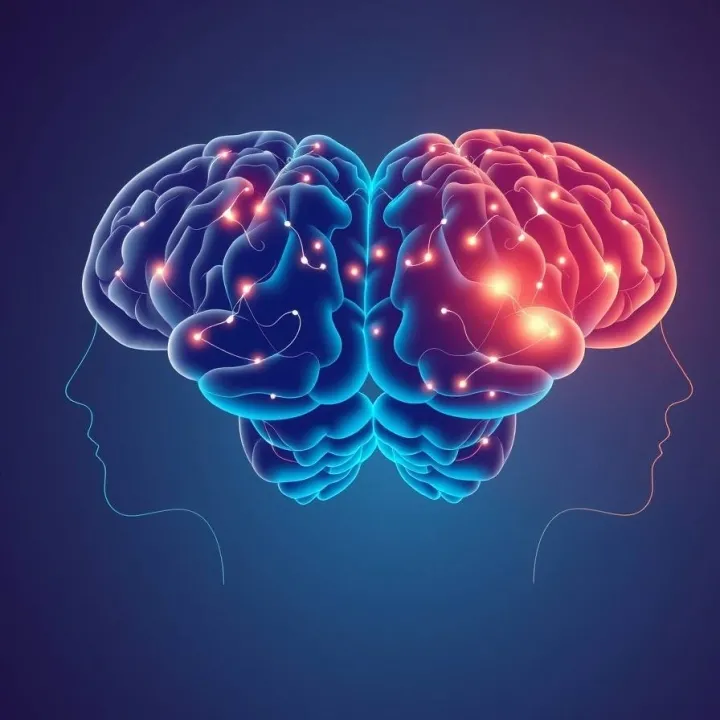 Abstract illustration of twin brain connectivity highlighting networks linked to general intelligence.