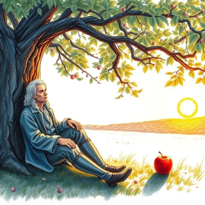 Sir Isaac Newton sitting under an old apple tree at sunset
