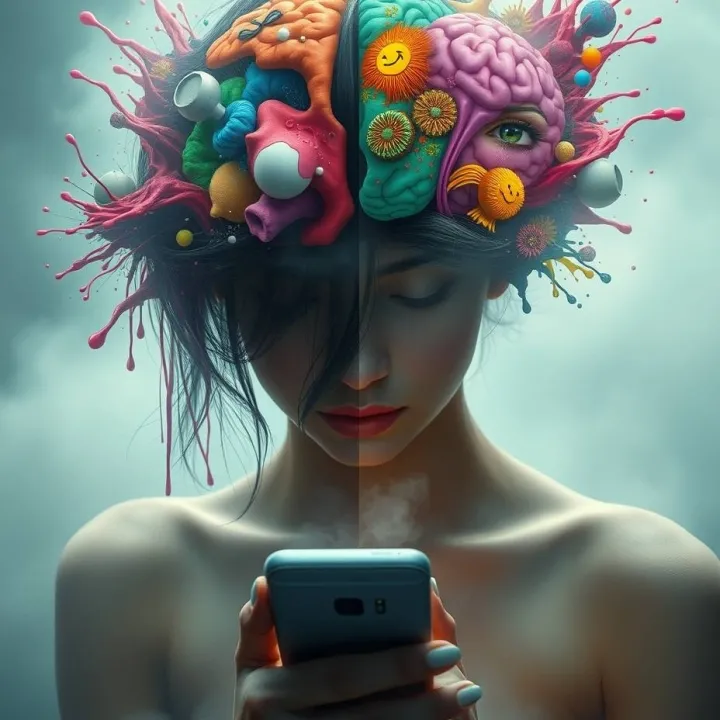 Surreal illustration of a woman looking at her phone with a split colorful brain erupting into emotional and neural symbols