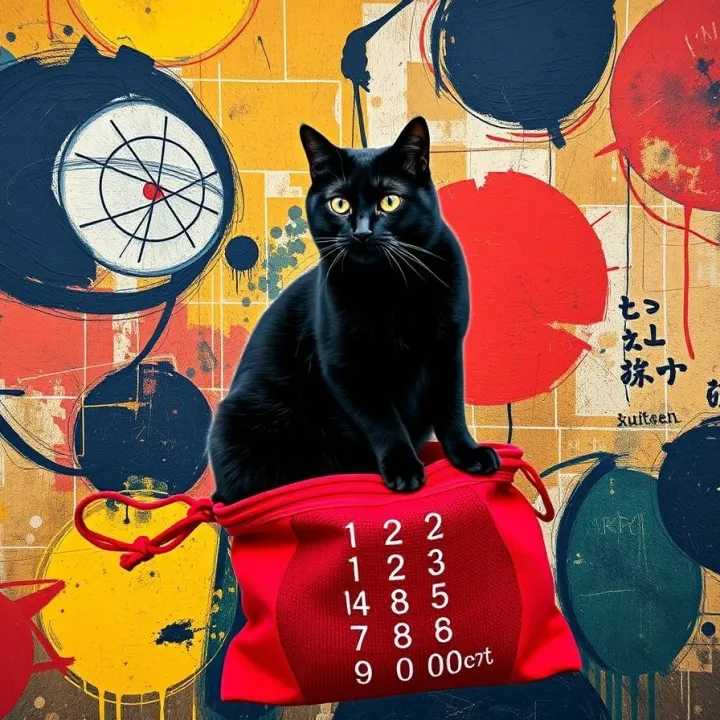 Abstract painting of black cat is superimposed, seated on a red pouch that symbolizes a numerology