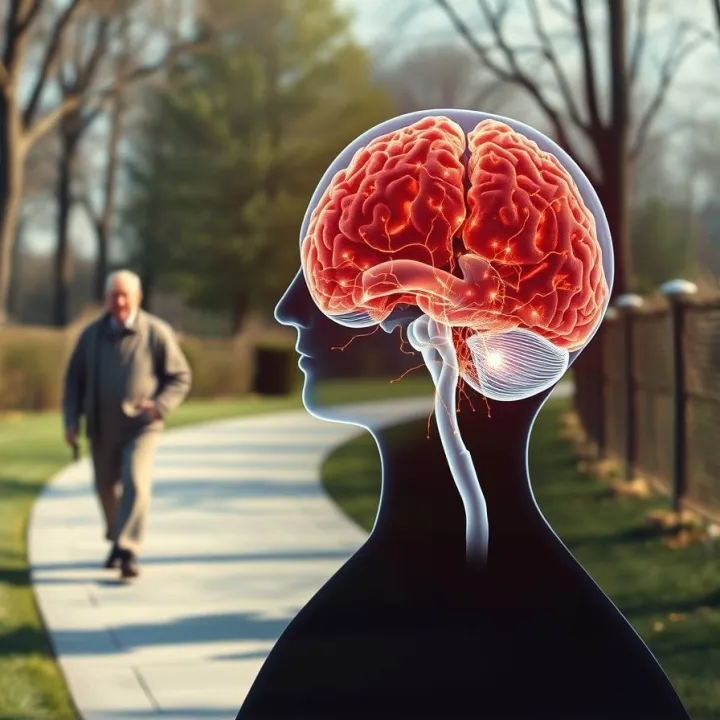 Older adult walking with neural pathways and PET biomarker overlays.