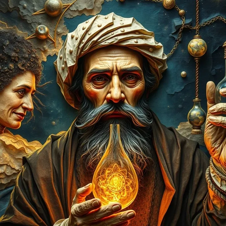Ottoman scholar between celestial angels and scientific instruments symbolizing transition from supernatural belief to modern reason.