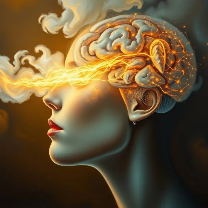 Surreal image of breath turning into glowing neural pathways representing the link between respiration and emotional processing.