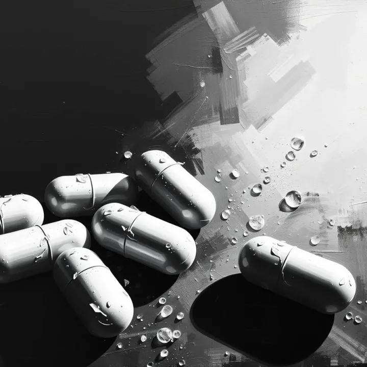 Close-up of scattered white pills on a reflective surface with water droplets, symbolizing doubt and reflection about medical treatment.