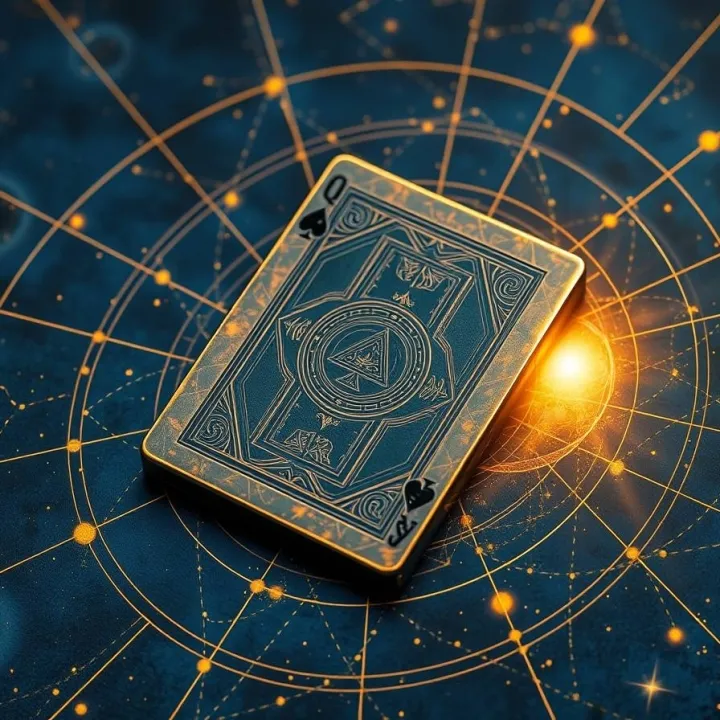 A deck of playing cards suspended in a dark cosmic space, slowly rotating into a structured matrix pattern, each card emitting faint light, connected by constellations
