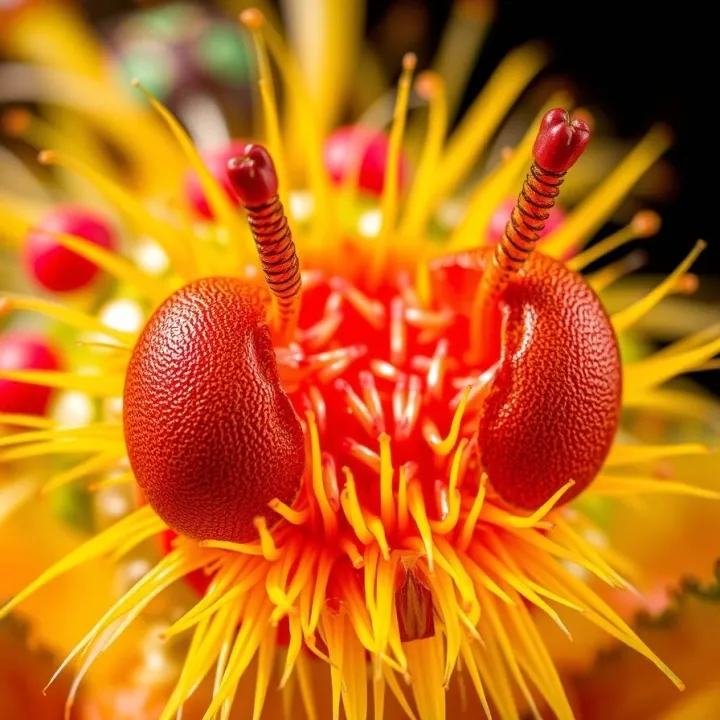 An extreme macro close-up showcasing bright, vibrant colors and lively energy, highlighting the intricate details of the subject with great intensity