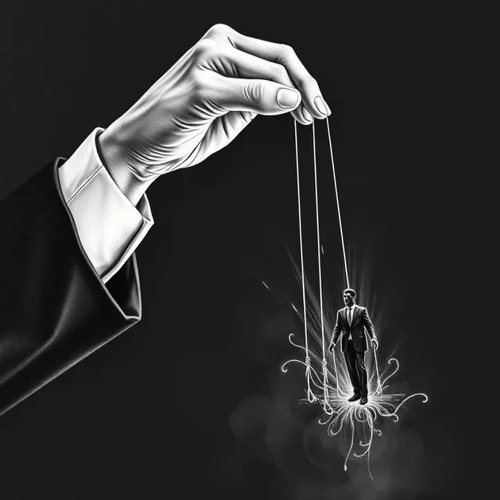 Classic oil painting, black and white, minimalist conceptual illustration of power dynamics, a large hand holding puppet strings attached to a suited figure.