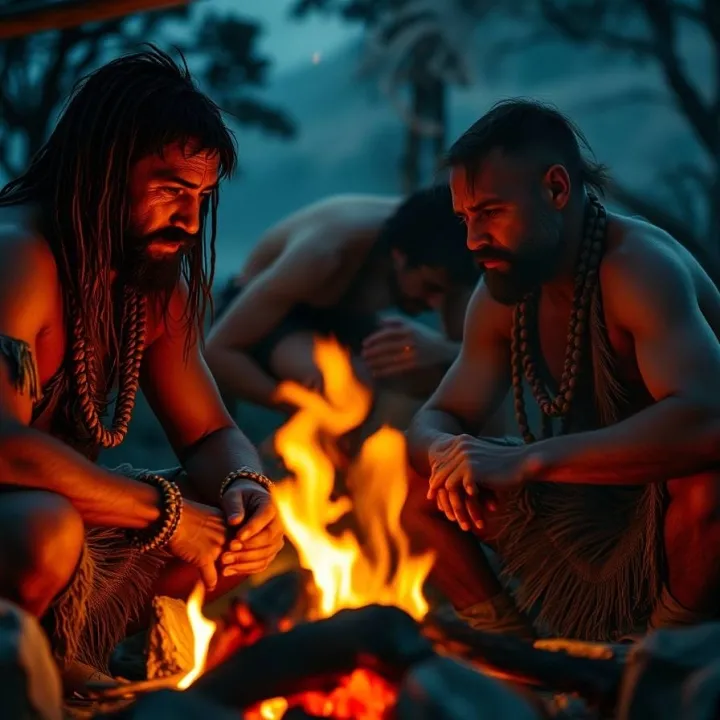 Prehistoric humans communicating near a fire, symbolizing origins of language and cooperation.