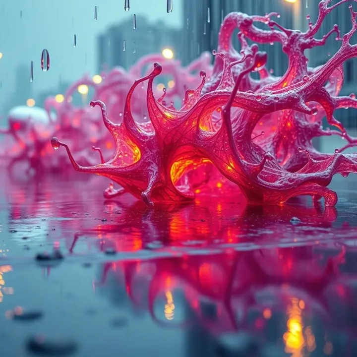 A wet, rainy scene with drizzling rain and reflective surfaces, graceful and elegant, featuring refined features in electric vivid colors, depicting energy as reality, a fractal continuum