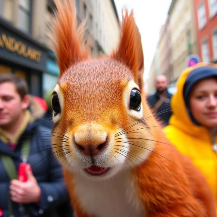 Vibrant complimentary colors, candid street photography of a Red Squirrel face in London, urban scenes, spontaneous candid moments, contrasting colors, balanced tones