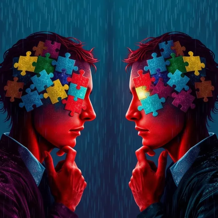 Two mirrored thinkers, heads composed of colorful puzzle pieces with one glowing, hold puzzle pieces, their digital painting style appear.