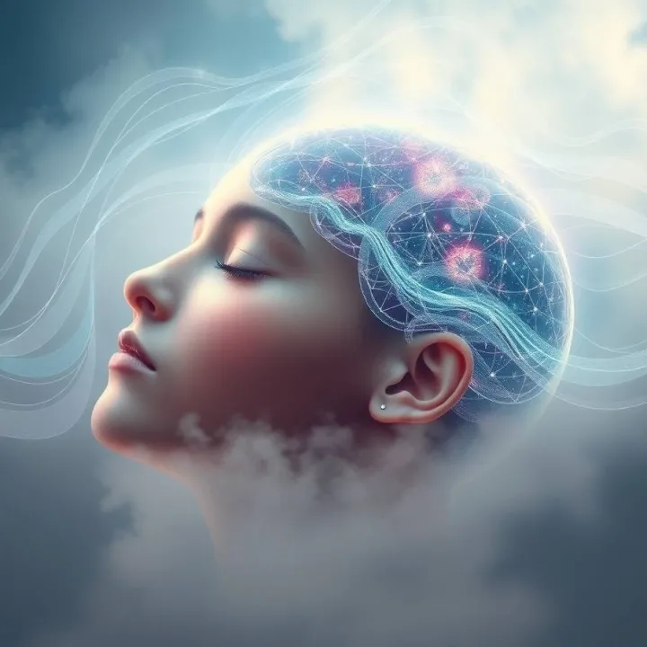 Abstract digital artwork of a sleeping human head with closed eyes, softly glowing brainwave patterns radiating outward in flowing lines of blue, purple, and silver. Subtle dreamlike