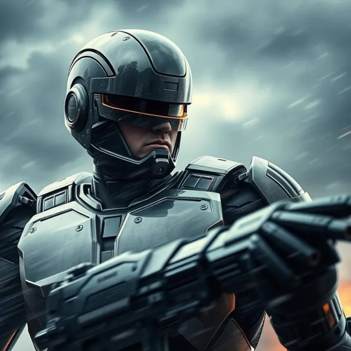 Robocop in motion, depicted amidst intense, dramatic weather with a blurred bokeh effect, featuring sharp subject focus against a soft background, stormy skies, and high tension