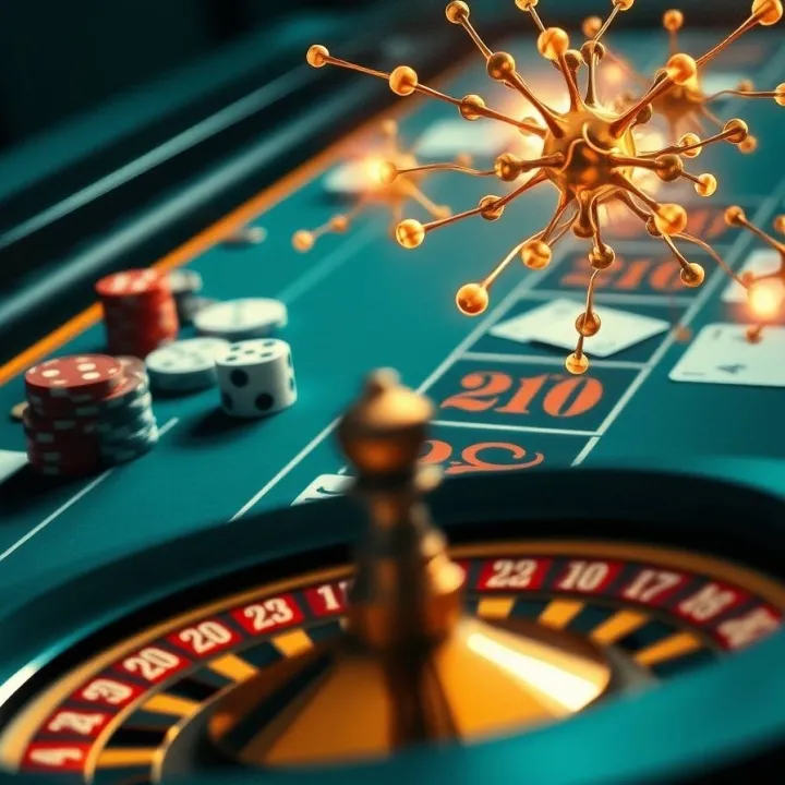 Casino roulette table with poker chips and glowing neuron-like structures symbolizing dopamine activation and gambling addiction.