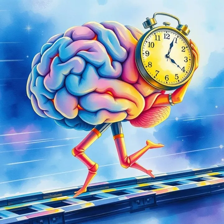 Human-sized brain with muscular legs on a track, elegant motion blur, a hovering clock, illuminated neural pathways, watercolor.