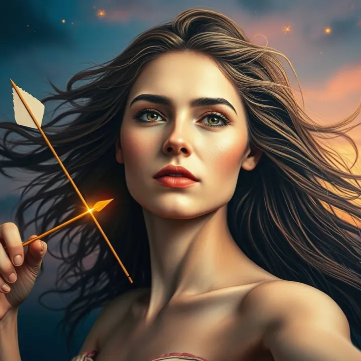 Sagittarius astrology sign. Soft, dreamy atmosphere and layered papier-mch material characterize a mythological modern portrait of a radiant woman symbolizing Sagittarius, poised to release an invisible arrow.