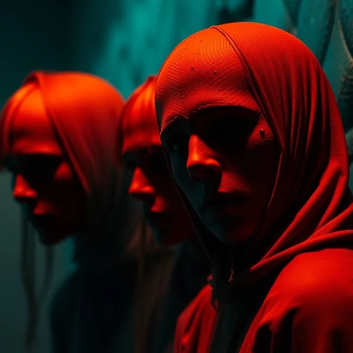 Abstract artistic image of three hooded figures in red light, symbolizing visual suppression and hidden perception in neuroscience research