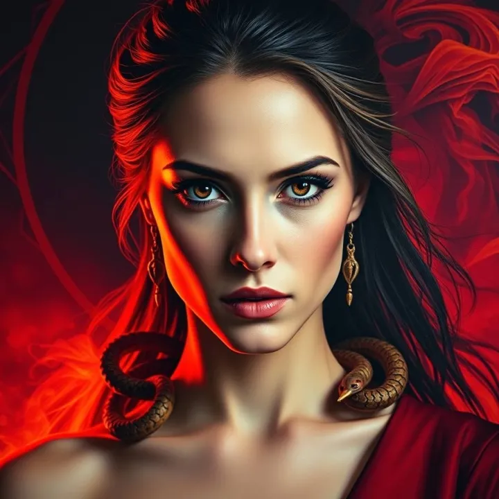 Scorpio astrology sign. A hyperrealistic modern oil painting of a magnetic woman embodying Scorpio, bathed in warm crimson light on one side and deep shadow on the other. A subtle serpent or flowing energy mot.
