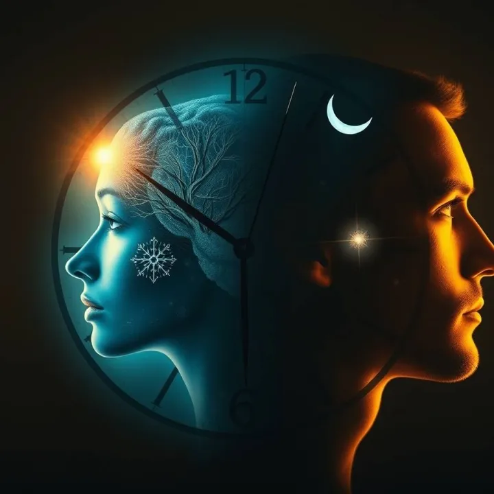 Split image of woman in blue winter light and man in warm summer light within a glowing clock, symbolizing seasonal and biological rhythm differences.
