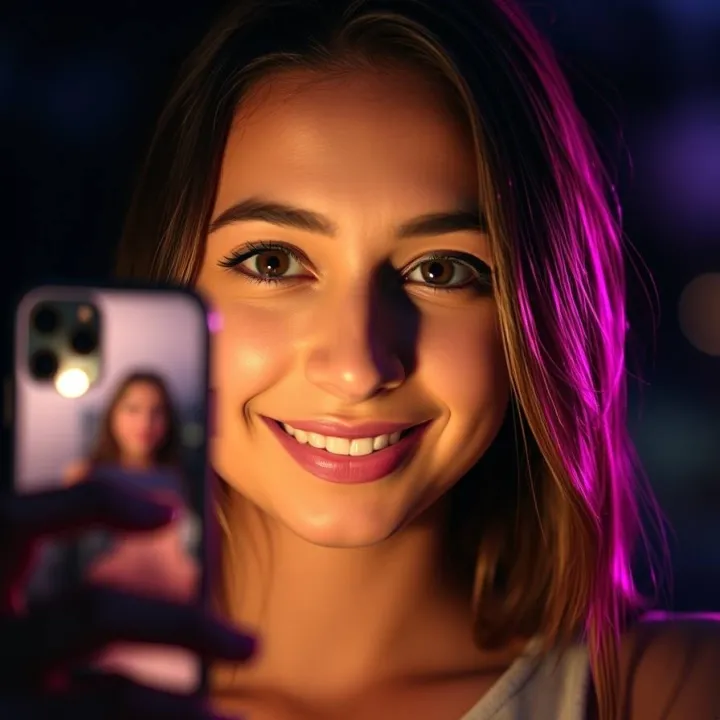 Young woman viewing glowing phone reflection, symbolizing self-affirmation and emotional resilience on social media.