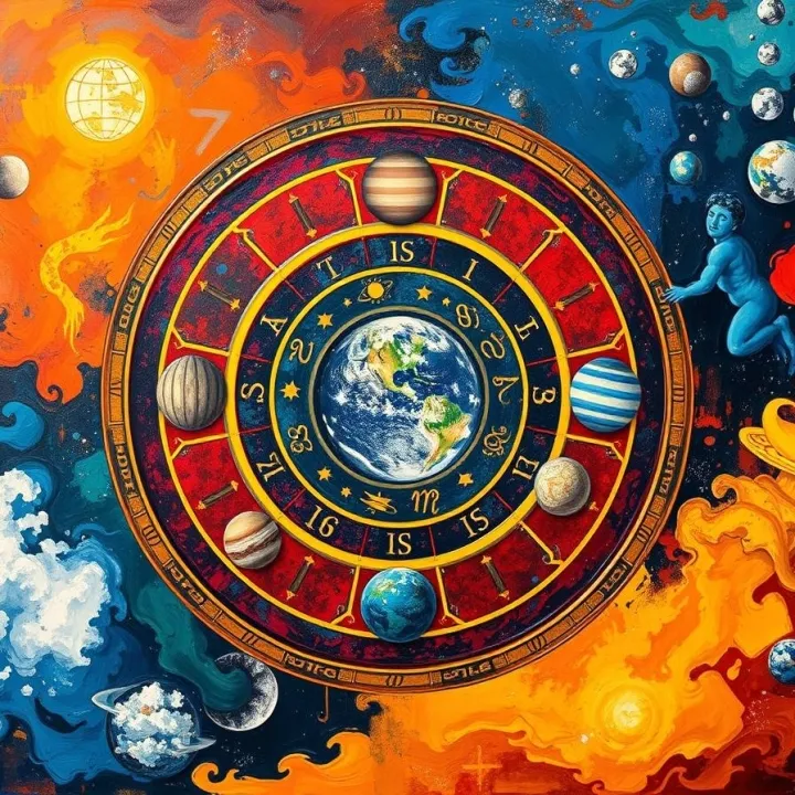 A classic oil painting depicting the symbolism of the Seven Week Days, featuring an ancient calendar interwoven with the seven planets, rendered in electric vivid colors with rich textures