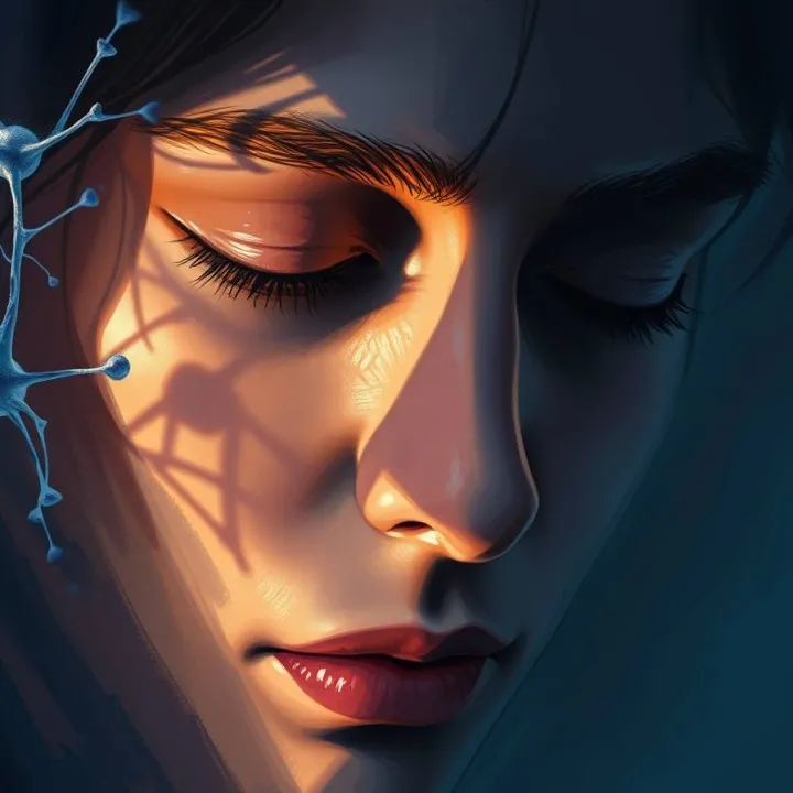 Dynamic digital sketch, loose painterly strokes. Photorealistic close-up, human face emerging from dim light, eyes half-closed, calm stillness.