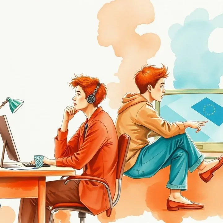 Illustration comparing two young men: one sitting at a desk focused on work with headphones, the other lounging in front of a television. Bright orange and blue tones highlight the contrast between engaged and passive sitting.