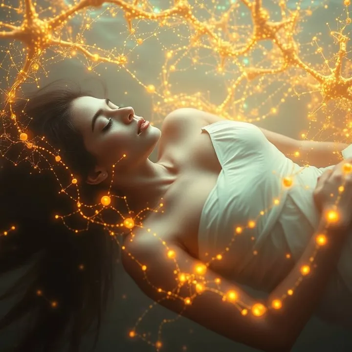 A surreal illustration of a woman floating peacefully asleep in a dark space, surrounded by a flowing stream of golden neural networks and glowing lights, symbolizing the flow of consciousness.