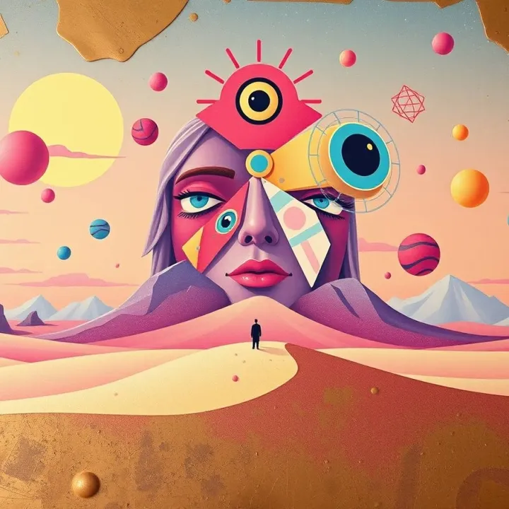 A cast bronze surface with a soft, dreamy atmosphere in a surreal, colorful, abstract illustration inspired by psychedelic and cognitive science art.