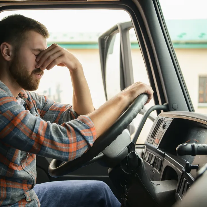 Tired truck driver sitting in the cabin with eyes closed and hand on his forehead, showing exhaustion while holding the steering wheel
