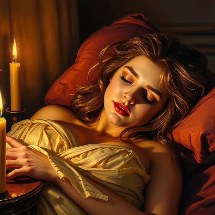 A classic oil painting capturing Sleeping Beauty in a strong, moody style, bathed in warm candle light with low contrast, featuring flickering flames, a warm glow, rich texture